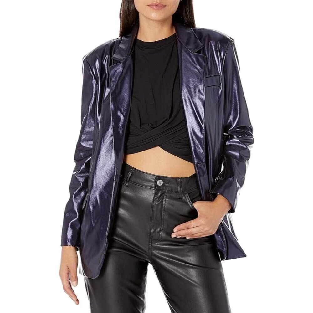 [BLANKNYC] Womens Faux Leather Oversized Blazer with Pockets Purple Coat XS - XS